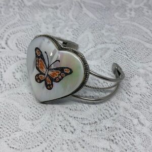 Silver tone MOP heart cuff bracelet boho festival
